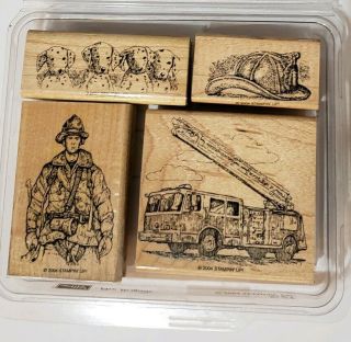 Stampin Up Fire Brigade Retired Stamps Set Rare Fireman Dalmatian Dogs Truck Hat