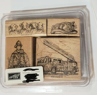 STAMPIN UP Fire Brigade Retired STAMPS SET Rare Fireman Dalmatian Dogs Truck Hat 3