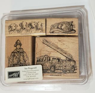 STAMPIN UP Fire Brigade Retired STAMPS SET Rare Fireman Dalmatian Dogs Truck Hat 4