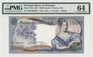 1967 Bank Of Portugal 1000 Escudos Rare ( (pmg 64))