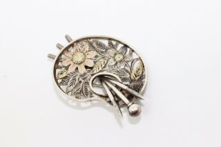 A Rare Antique Victorian Sterling Silver & Gold Forget Me Not Pallet Brooch