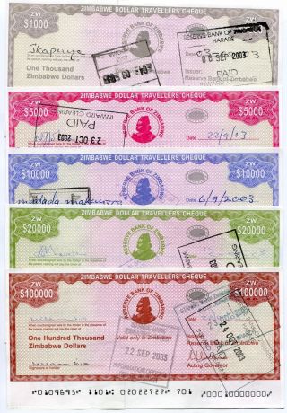 Zimbabwe 2003 5 Travellers Cheque Set Rare - P15,  P16,  P17,  P18,  P20