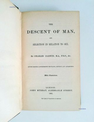 RARE CHARLES DARWIN DESCENT OF MAN 2nd Edition 1881 John Murray London 14th Thou 2