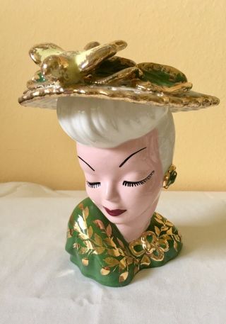 6 3/4” Rare “bird On Hat” Glamour Girl Head Vase In Vtg