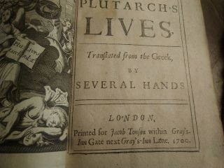 RARE ANTIQUE BOOK PLUTARCH ' S LIVES SECOND VOL.  DATED 1700 FRONT BOARD OFF A/F 5