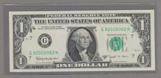 Fancy Middle Zeros Serial 92000062 Rare Barr $1 Note (gh)