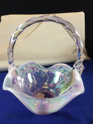 Fenton Art Glass Pink Iridescent Opalescent Carnival Basket Lily Of Valley Rare