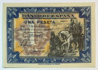 1 Peseta 1940 Spain Banknote,  Au - Unc Rare,  No - 1058
