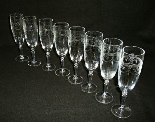 Rare 19th C Baccarat Crystal Glass 8 X Champagne Goblet W/ Great Etched Patterns