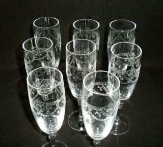 Rare 19th C BACCARAT Crystal Glass 8 x Champagne Goblet w/ Great Etched Patterns 2