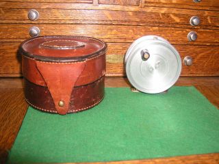 Very Rare Hardy Uniqua Spitfire 3 1/2 In.  Fly Fishing Reel With Leather Case