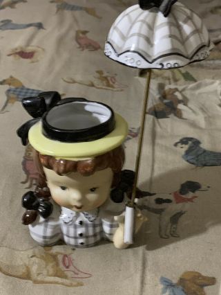 Ends 5/21 Rare Complete Vintage Lefton Umbrella Girl Head Planter Vase
