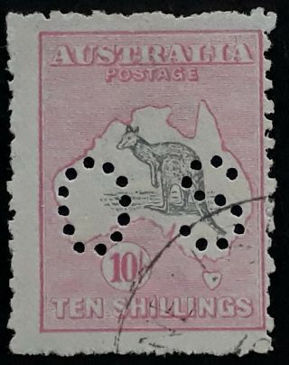 Rare 1917 - Australia 10/ - Grey&pale Aniline Pink Kangaroo Stamp O S Perf 3rdwmk