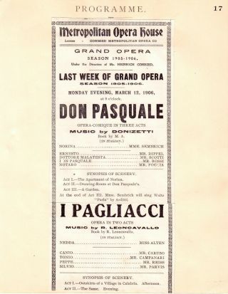 5 rare ENRICO CARUSO 1906 - 18 Met programs - Cavalleria,  Aida,  Elisir,  Pagliacci2 3