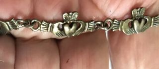 Vtg 925 Sterling Silver Irish Claddaugh Link Bracelet Hands Patina 7” Rare
