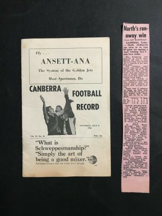 Football Record Rare 1966 North Melbourne Vs A.  C.  T Canberra