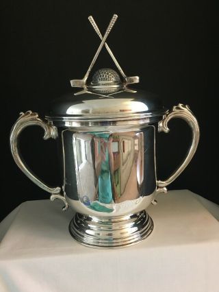 Rare Find: Silver Plate Trophy Ice Bucket With Golf Clubs And Ball Lid