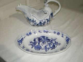 Blue Meissen Ls&s Blue Danube Porcelain Onion Gravy Boat Under Plate Rare