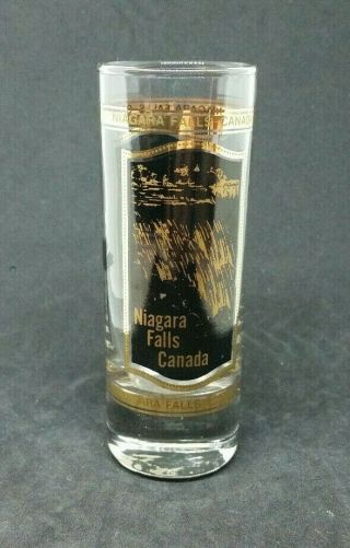 Vintage Niagara Falls Canada Souvenir Shot Glass Black & Gold Maple Leaf Rare