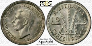 1943 - D Australia Three Pence Pcgs Ms65 Very Rare In This