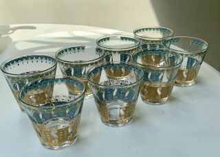 Rare Vintage Mid Century Drinking Glasses 3.  50” Tumbler Aqua/gold Set Of 8 Nr