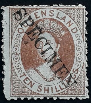 Rare 1880 - Queensland Australia 10/ - Reddish Brn Chalon Head Stamp Specimen