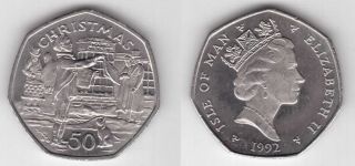 Isle Of Man - Rare 50 Pence Coin 1992 Year Km 335 Christmas Newspaper Boy & Cat