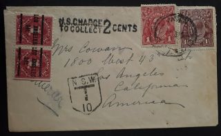 Rare 1916 - Australia Cover Ties 2 X Kgv Stamps To Usa & 2x 1c Postage Due Stamps