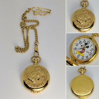 Rare Vintage Signed Lorus Disney Collectable Mickey Mouse Gold Pocket Watch