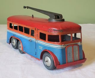 Joustra Toys France Tin Litho Wind - Up Trolley Bus 50 