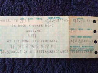 Ratt Concert Ticket Stub.  1985.  Omni.  Atlanta.  Bon Jovi Opener.  Rare
