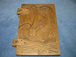 Rare Vtg Icelandic Hand Carved Wood Viking Ship Gestabok Guestbook Lodge B & B