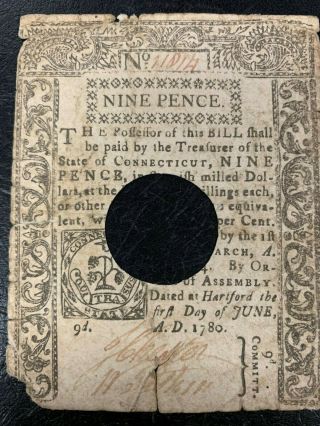 1780 Connecticut Colonial Note Nine Pence Rare Find