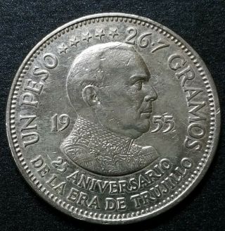 Rare 1955 Dominican Republic Un Peso Trujillo Era World Foreign $1 Silver Coin