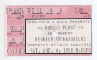Rare Robert Plant 8/4/90 Dallas Tx Reunion Arena Ticket Stub Led Zeppelin