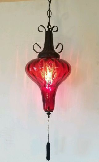 Rare Vintage Mid - Century Modern Red Glass Hanging Swag Lamp / Fantastic