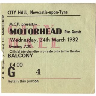Motorhead & Tank Concert Ticket Stub Newcastle 3/24/82 City Hall Iron Fist Rare