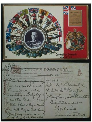 Very Rare 1911 Great Britain Coronation Of Kgv Postcard Sent To Australia