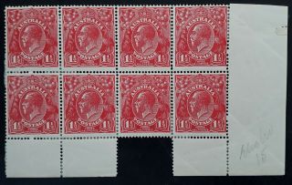 Rare 1924 Australia Blk 8x1 1/2d Red Kgv Stamps No Wmk