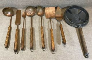 Set Vintage Rare Hammered Copper Utensils W Wood Handle & Viking Crepe Pan
