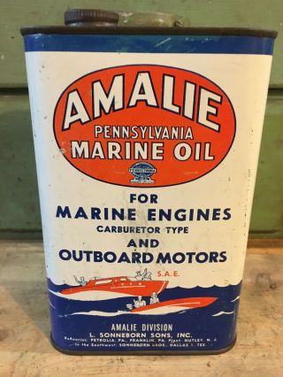 Early Vintage Amalie Outboard Motor Oil Can Great Graphics Rare Flat Quart