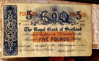 The Royal Bank Of Scotland 5 Pounds 1955 Rare G10165