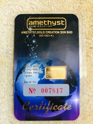 Rare Item Amethyst Gold Creation 1 Gram.  9999 Gold Bullion Bar Gold Bar
