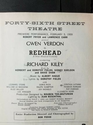 1959 Opening Premiere Gwen Verdon Redhead Bob Fosse Richard Kiley Rare Playbill