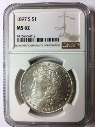 Rare Tougher Date 1897 S Ngc Ms62 Us Morgan Silver Dollar $1 Blast White Color