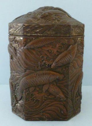 Antique Japanese Chinese Koi Carp Fish Tea Caddy Box Tin Bronze Pewter Rare