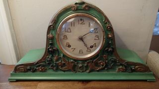 Rare Antique Haven Clock Carved Wood Mantel Green With Griffins Chime W/key