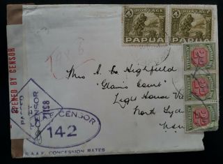 Very Rare C.  1939 Papua Raaf Censor Cover Ties 5 Stamps Taxed To Sydney Australia