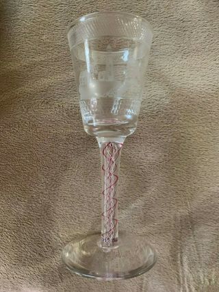 Rare Pairpoint Wine Goblet W Etched Harborside Scene,  Red & White Air Twist Stem