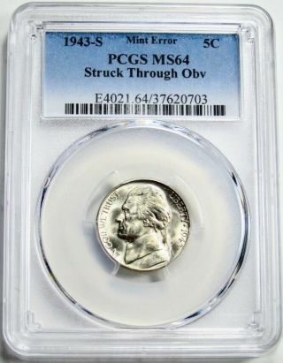 1943 - S 5C Error Jefferson Nickel PCGS MS 64 Struck Through Obv.  RARE Coin 7